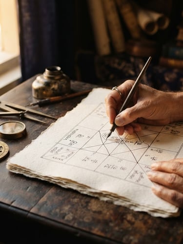 A warm, side-lit close-up of hands drawing a Vedic kundli chart on thick paper, brass astronomical instruments resting on a dark wood desk, shallow depth of field, 35mm