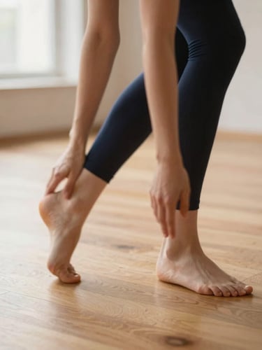 Close-up of expressive hands and feet in motion on a warm sunlit wooden studio floor, elegant motion blur, warm editorial photography