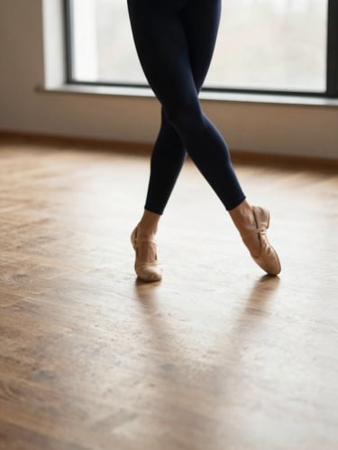 Warm sunlit dance studio floor with elegant motion blur of a dancer's feet in soft leather shoes, natural light streaming from a large window, shallow depth of field, warm editorial style.