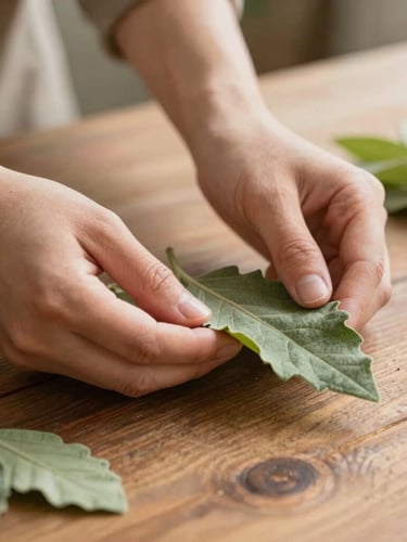 Hands gently sorting fresh green botanical leaves on a rustic wooden table, soft morning daylight, earthy tones, shallow depth of field, warm atmosphere