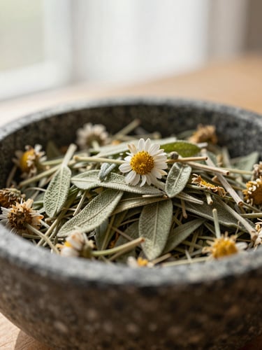 Close-up macro shot of dried sage leaves and chamomile flowers in a hand-carved stone bowl, soft diffused morning window light, warm shadows, shallow depth of field, 35mm