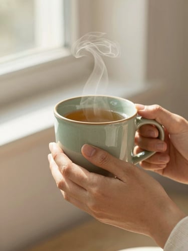 Close-up of hands gently holding a warm ceramic mug, soft diffused morning window light, herbal tea steam rising, warm sand and sage green tones, shallow depth of field, 35mm