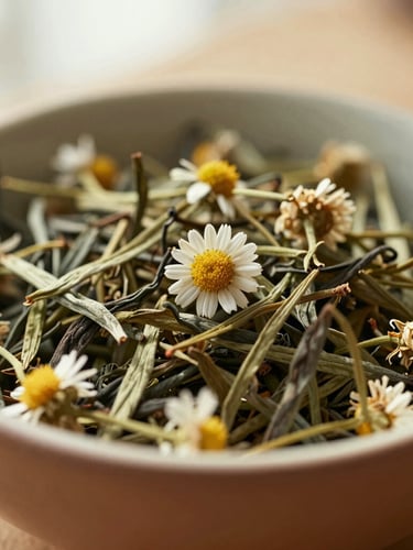 Close-up macro of loose herbal tea leaves and dried chamomile flowers in a handcrafted ceramic bowl, soft morning window light, warm shadows, earthy tones