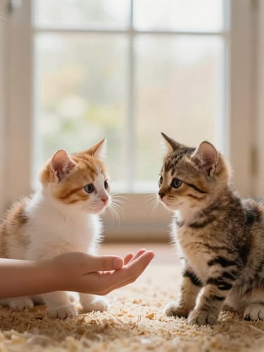 Two healthy, playful kittens interacting gently with a child's hand on a warm rug, soft diffused window light, home environment, rich parchment tones.