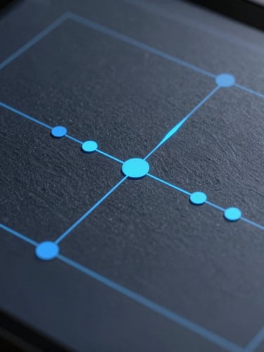 Macro shot of a structured technical system diagram on a screen, cool slate tones with sharp electric blue accent lights, sharp focus