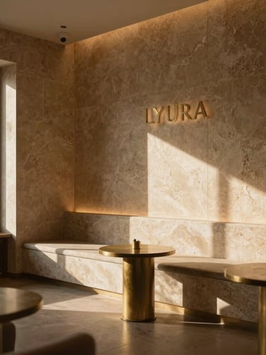 Architectural shot of the empty, sun-dappled LYURA lounge interior, rich travertine stone walls, deep brass accents, warm indirect glows, 35mm.