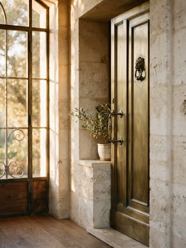 Close-up of a serene sun-dappled travertine entryway with a heavy brass door, soft golden-hour window light, warm editorial photography, 35mm