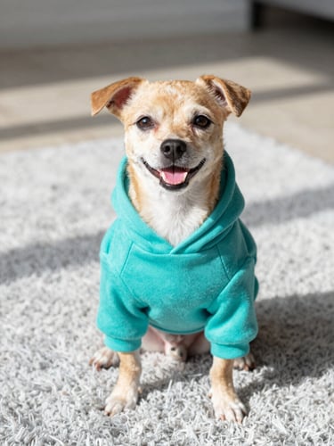 A happy small dog wearing a vibrant custom teal hoodie, sitting comfortably on a soft light gray rug, bright cheerful natural daylight, shallow depth of field