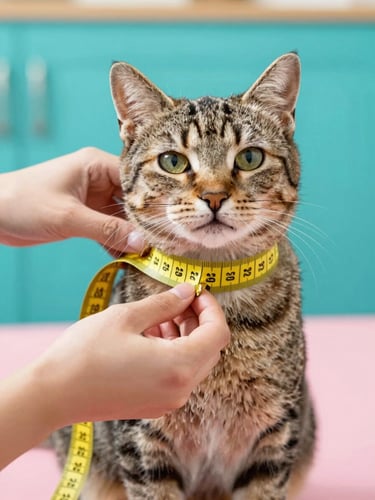 Close-up of hands gently placing a soft yellow measuring tape around the chest of a calm, happy tabby cat, warm natural lighting, workshop details
