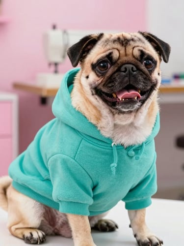 Bright cheerful pet photography, eye-level shot of a happy pug wearing a custom-tailored teal hoodie, soft natural daylight, sewing workshop background in Celaya