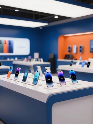 A clean, modern Indian tech retail counter with organized smartphone displays, bright commercial studio lighting, deep blue accents, 35mm
