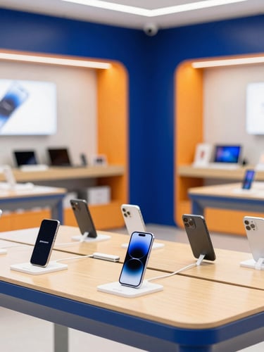 Bright commercial photography of a modern retail store interior, sleek mobile devices on display counters with deep blue and electric orange accents, 35mm