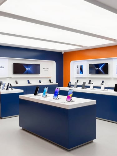 Bright commercial photography of a modern, clean mobile store interior in India with sleek display counters under crisp high-key lighting, 35mm
