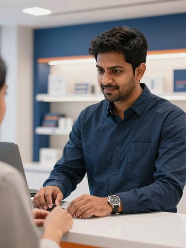 Medium close-up of a professional Indian entrepreneur in a clean, branded retail environment assisting a customer at a sleek counter, bright commercial photography, 35mm
