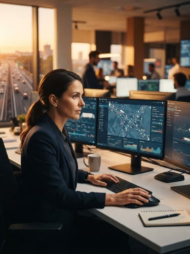Focused professional dispatcher managing logistics routes on a modern screen, warm office lighting, clean corporate atmosphere, 35mm.