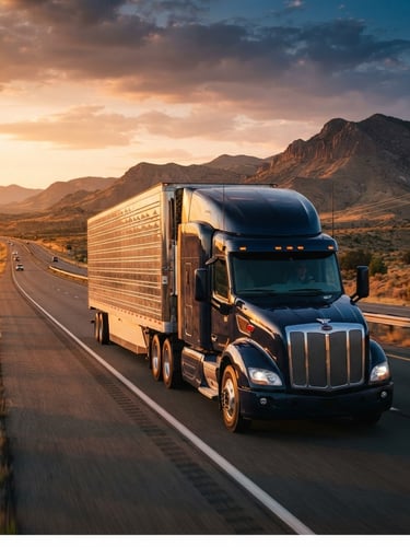 Cinematic logistics photography of a modern clean American semi-truck driving on an open highway during golden hour, warm orange light reflecting on the cabin, sharp focus, 35mm