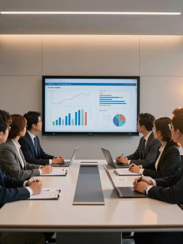 A professional corporate conference room in Chicago, a team of business analysts reviewing logistics metrics on a screen, clean modern office, warm lighting, 35mm.