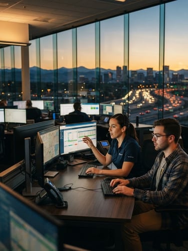 A modern glass-walled corporate operations center in Denver, professional dispatchers and analysts working at dual monitors under soft architectural lighting, sharp focus, 35mm.