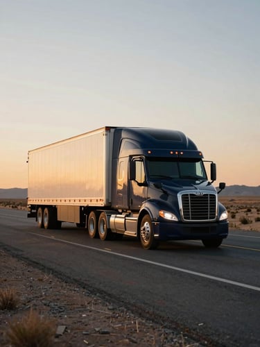 A modern American semi-truck driving on an open desert highway during golden hour, cinematic logistics photography, 35mm.