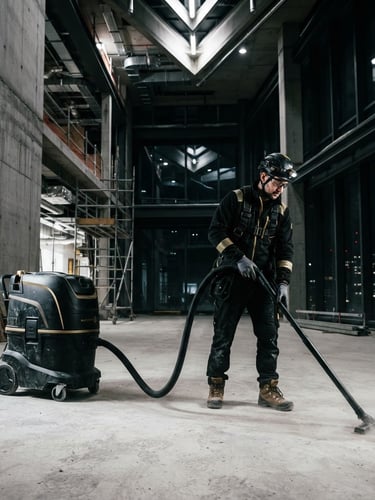 Industrial post-construction cleaning site, high-contrast architectural lighting, dust extraction machinery, gold and black tones, professional gear, 35mm