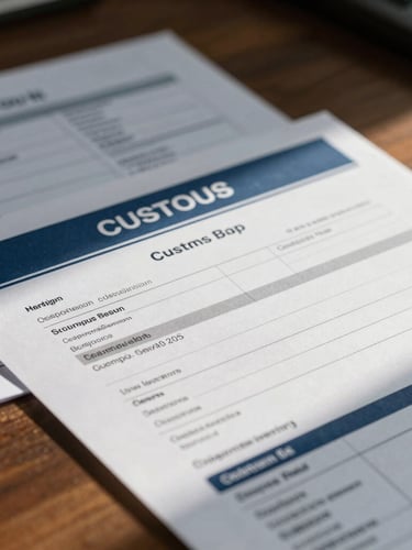 Close-up of official customs documentation and shipping manifests on a wooden desk, warm daylight casting soft shadows, 35mm.