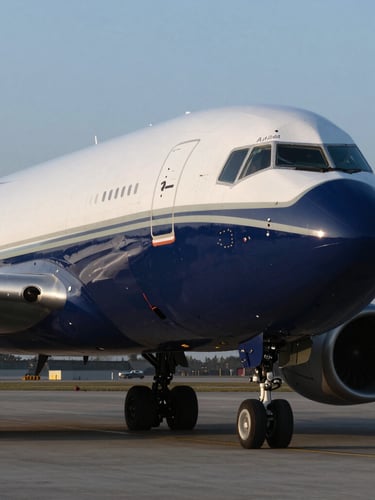 Industrial editorial photography of a cargo aircraft nose on the tarmac under early morning light, cool steel and deep navy tones, sharp focus, 35mm
