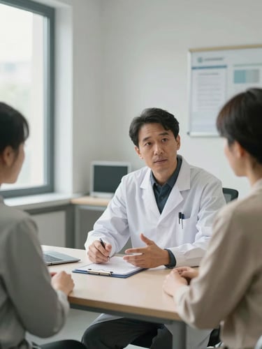 Wide environmental shot of a consultation room, a physician's hands resting on a desk gesturing toward a patient seated across — north-facing daylight through a window to the left, soft diffused light, clinical interior with clean surfaces visible in the background, eye-level framing