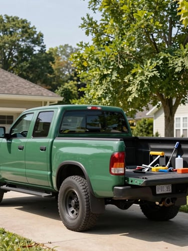 A clean forest green work truck parked in a suburban driveway under bright morning light, neatly organized tools in the truck bed, crisp documentary style