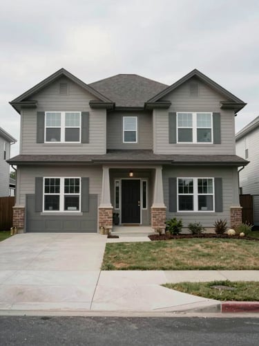 Wide-angle exterior shot of a two-story suburban house facade under flat overcast daylight, centered on the front door and driveway, no people, factual inventory framing