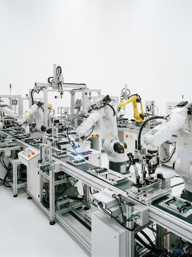 Wide shot of a modern, high-tech industrial assembly line with robotic arms, bright studio lighting, clean white backdrop, sharp focus, 85mm lens