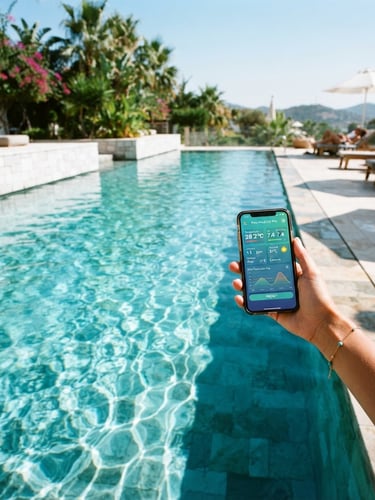 Wide panoramic view of a clean, sunlit turquoise swimming pool, a hand holding a smartphone displaying the Pool Predictor Pro app interface near the water's edge on the right third, shimmering caustics, sharp shadows, high-key midday sun.