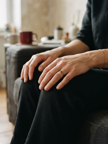 Close-up of hands resting on knees in a quiet urban apartment, soft shadows, minimalist editorial photography, muted tones with stark black and red accents, 35mm