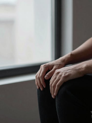 Close-up of hands resting gently on knees in a quiet urban indoor space, soft diffused window light, minimalist editorial photography, muted tones with stark black and red accents, 35mm, wide shot with negative space to the left.