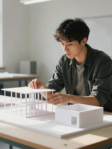 Medium shot of an architecture student analyzing physical structural models in a sunlit studio, clean lines, professional focus.