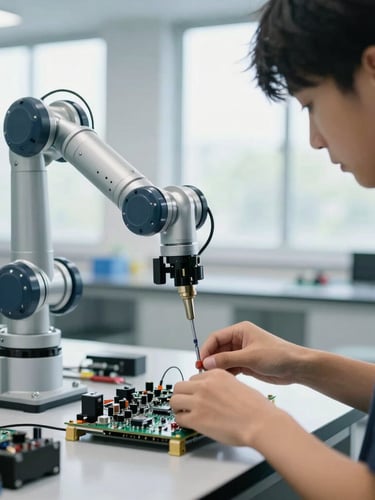 Close-up of a student working with robotic arm and circuit boards in a brightly lit modern automation lab, natural light from large windows