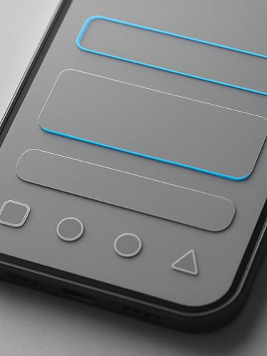 Macro close-up of a high-fidelity mobile interface on a physical device, sharp focus, neutral gray tones, electric blue accent lines, 35mm