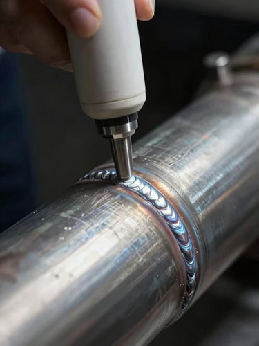 Tight close-up of an ultrasonic inspection probe pressed against the curved surface of high-pressure steel tubular, couplant gel glistening under harsh directional workshop lighting, weld seam visible in the upper frame, instrument readout reflected faintly in the steel surface, near-black background