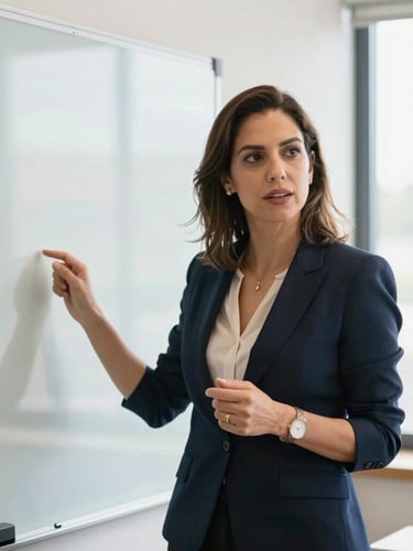 Portrait of Jennifer Gomes leading an active corporate sales workshop, gesturing confidently near a clean glass whiteboard, bright natural daylight, shallow depth of field, 35mm