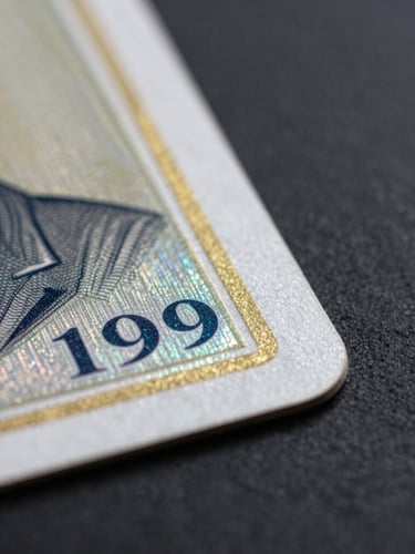 Extreme macro close-up of a pristine 1999 holographic card corner, sharp rim lighting catching the paper texture and foil edge, deep dark slate background.