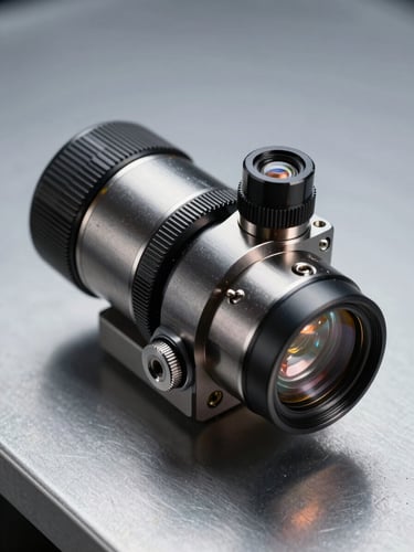 Extreme close-up of precision medical optics lens assembly on a matte steel surface under studio strobe lighting, technical components visible in sharp focus, cool neutral background