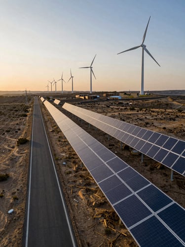 Wide environmental shot of a renewable energy and logistics infrastructure corridor—wind turbines on a ridge in the far distance, a road and power lines running to the left, golden hour light across arid terrain, no people