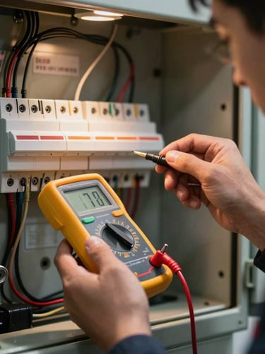 Close-up of a professional electrician's hands working on a modern electrical panel, testing circuits with a digital multimeter, focused warm spotlighting, high contrast.