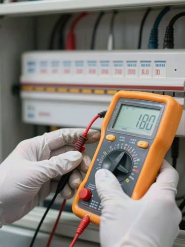 Close-up of hands with protective gloves testing an electrical panel with a digital multimeter, sharp lighting, focus on the screen showing voltage