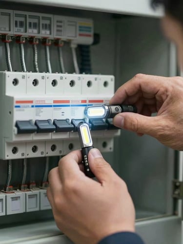 Close-up of professional electrician hands installing a modern, clean electrical panel with labeled circuit breakers, focused bright led light, technical style.