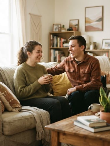 Warm lifestyle photo of two young adults with disabilities smiling and sharing a comfortable living room, soft natural daylight, muted earth tones, authentic candid moment, 35mm lens, shallow depth of field.