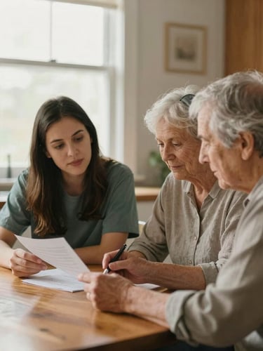 A warm, candid photograph of two care coordinators sitting at a wooden kitchen table with an elderly guardian, reviewing paperwork under soft, natural window light.