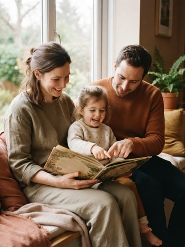 Warm family in a comfortable home setting, parents and child looking at a book together, soft natural daylight, muted earth tones, authentic candid moments.