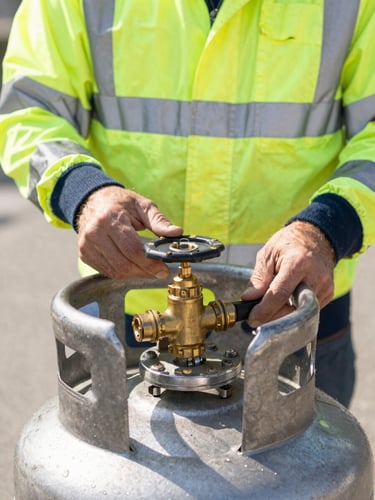 A certified propane technician in high-visibility safety gear inspecting a brass valve on a clean steel cylinder, bright natural daylight, sharp focus, 35mm lens