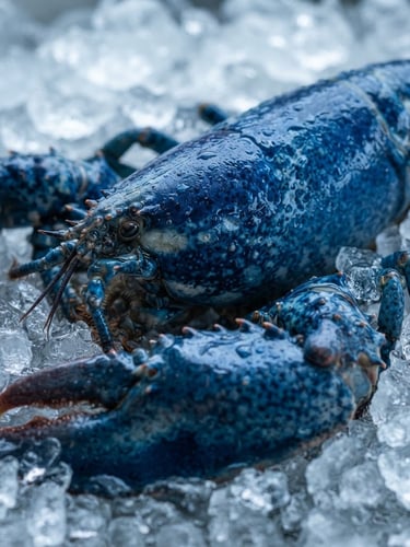 Macro close-up of a vibrant blue lobster shell, glistening with moisture on crushed ice, cool high-contrast natural light, deep blues and icy silver tones.