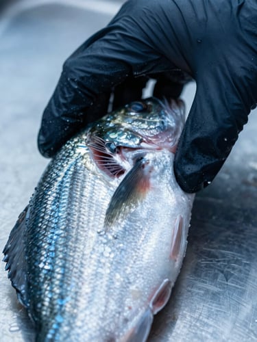 Close-up of a gloved hand inspecting the gills of a freshly caught fish on a stainless steel surface, cool high-contrast light, focus on detail and texture, deep blues and icy silver tones.